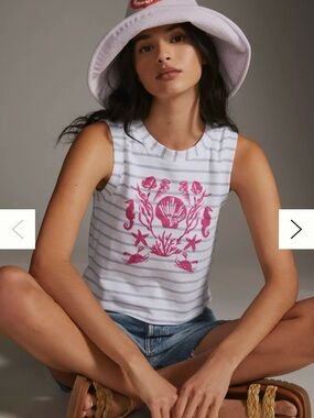 Maeve Striped Sleeveless Tank Top with Pink Shell Graphic